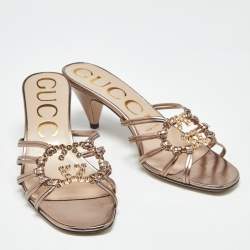 Pre Owned Gucci Rose Gold Leather Interlocking G Slide Sandals Size 36.5