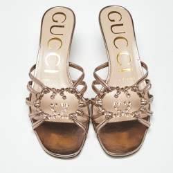 Pre Owned Gucci Rose Gold Leather Interlocking G Slide Sandals Size 36.5