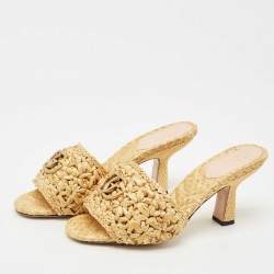 Pre Owned Gucci Beige Woven Raffia GG Marmont Slide Sandals Size 38