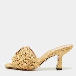 Pre Owned Gucci Beige Woven Raffia GG Marmont Slide Sandals Size 38