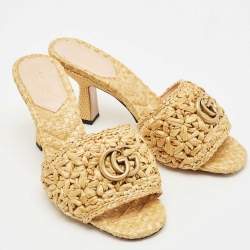 Pre Owned Gucci Beige Woven Raffia GG Marmont Slide Sandals Size 38
