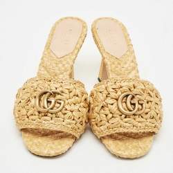 Pre Owned Gucci Beige Woven Raffia GG Marmont Slide Sandals Size 38