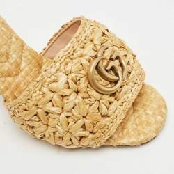 Pre Owned Gucci Beige Woven Raffia GG Marmont Slide Sandals Size 38
