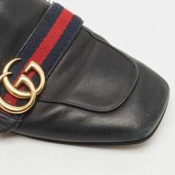 Pre Owned Gucci Black Leather Peyton GG Web Mules Size 38