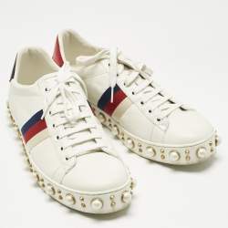 Pre Owned Gucci White Leather Pearl Studded Ace Sneakers Size 41