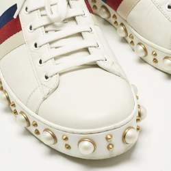 Pre Owned Gucci White Leather Pearl Studded Ace Sneakers Size 41
