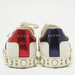Pre Owned Gucci White Leather Pearl Studded Ace Sneakers Size 41