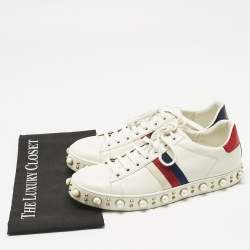 Pre Owned Gucci White Leather Pearl Studded Ace Sneakers Size 41