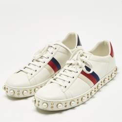 Pre Owned Gucci White Leather Pearl Studded Ace Sneakers Size 41
