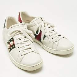 Pre Owned Gucci White Leather Pearl Studded Ace Sneakers Size 37.5
