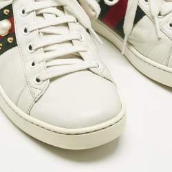 Pre Owned Gucci White Leather Pearl Studded Ace Sneakers Size 37.5