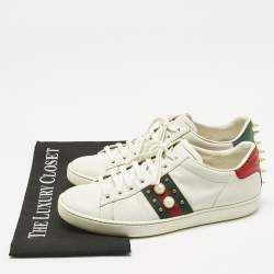 Pre Owned Gucci White Leather Pearl Studded Ace Sneakers Size 37.5