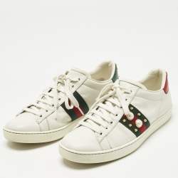 Pre Owned Gucci White Leather Pearl Studded Ace Sneakers Size 37.5