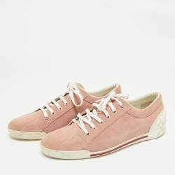 Pre Owned Gucci Pink Suede Script Logo Lace Up Sneakers Size 39