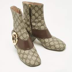 Pre Owned Gucci Beige/Brown GG Supreme Canvas and Leather Blondie Ankle Boots Size 38