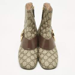 Pre Owned Gucci Beige/Brown GG Supreme Canvas and Leather Blondie Ankle Boots Size 38