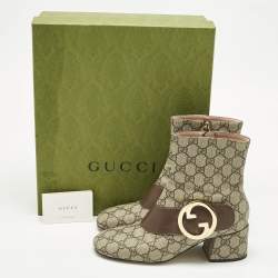 Pre Owned Gucci Beige/Brown GG Supreme Canvas and Leather Blondie Ankle Boots Size 38