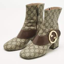 Pre Owned Gucci Beige/Brown GG Supreme Canvas and Leather Blondie Ankle Boots Size 38