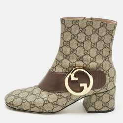 Pre Owned Gucci Beige/Brown GG Supreme Canvas and Leather Blondie Ankle Boots Size 38
