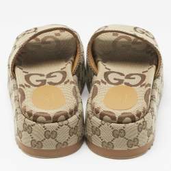 Pre Owned Gucci Beige GG Supreme Canvas Angelina Platform Sandals Size 38