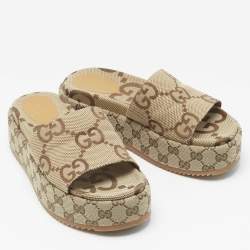 Pre Owned Gucci Beige GG Supreme Canvas Angelina Platform Sandals Size 38