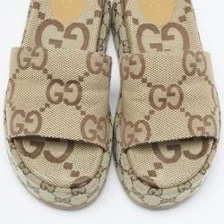 Pre Owned Gucci Beige GG Supreme Canvas Angelina Platform Sandals Size 38