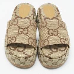 Pre Owned Gucci Beige GG Supreme Canvas Angelina Platform Sandals Size 38