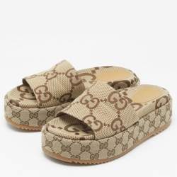 Pre Owned Gucci Beige GG Supreme Canvas Angelina Platform Sandals Size 38