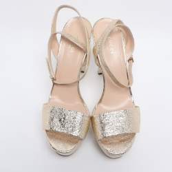 Pre Owned Gucci Gold Crinkled Patent Leather Platform Ankle Strap Sandals Size 41