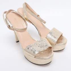 Pre Owned Gucci Gold Crinkled Patent Leather Platform Ankle Strap Sandals Size 41