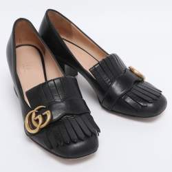 Pre Owned Gucci Black Leather GG Marmont Block Heel Pumps Size 36