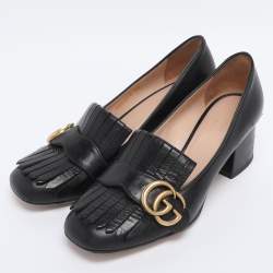 Pre Owned Gucci Black Leather GG Marmont Block Heel Pumps Size 36