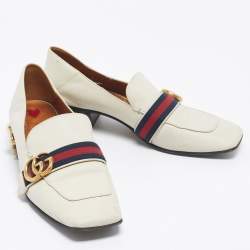 Pre Owned Gucci Ivory Leather Peyton Pearl Embellished Loafers Size 40