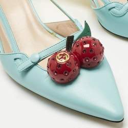 مملوكة مسبقًا حذاء كعب عالي غوتشي جلد أزرق مزين بامبو كرز مقاس 40