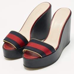 Pre Owned Gucci Multicolor GG Canvas and Leather Wedge Sandals Size 39.5