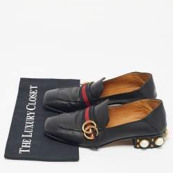 Pre Owned Gucci Black Leather Peyton GG Sylvie Pearl Studded Loafer Size 39