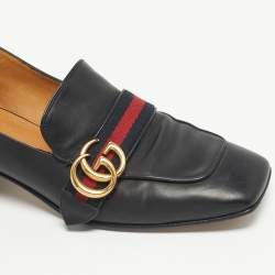 Pre Owned Gucci Black Leather Peyton GG Sylvie Pearl Studded Loafer Size 39