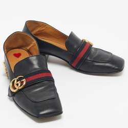 Pre Owned Gucci Black Leather Peyton GG Sylvie Pearl Studded Loafer Size 39