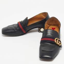 Pre Owned Gucci Black Leather Peyton GG Sylvie Pearl Studded Loafer Size 39