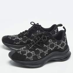 Pre Owned Gucci Black Mesh and Suede Run Crystal Embellished Sneakers Size 38