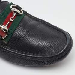 Pre Owned Gucci Black Leather Web Horsebit Slip On Loafers Size 37