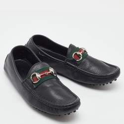 Pre Owned Gucci Black Leather Web Horsebit Slip On Loafers Size 37
