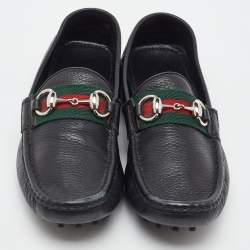 Pre Owned Gucci Black Leather Web Horsebit Slip On Loafers Size 37