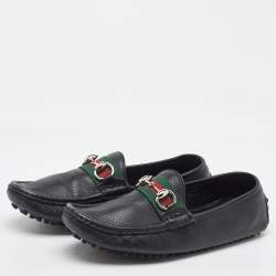 Pre Owned Gucci Black Leather Web Horsebit Slip On Loafers Size 37