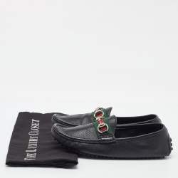 Pre Owned Gucci Black Leather Web Horsebit Slip On Loafers Size 37