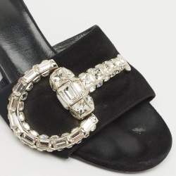Pre Owned Gucci Black Suede Maxime Crystal Embellished Slide Sandals Size 35