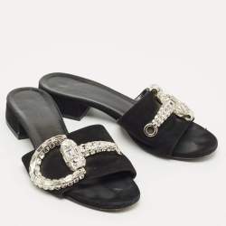 Pre Owned Gucci Black Suede Maxime Crystal Embellished Slide Sandals Size 35