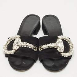 Pre Owned Gucci Black Suede Maxime Crystal Embellished Slide Sandals Size 35