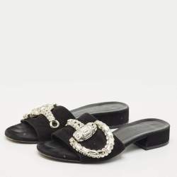 Pre Owned Gucci Black Suede Maxime Crystal Embellished Slide Sandals Size 35