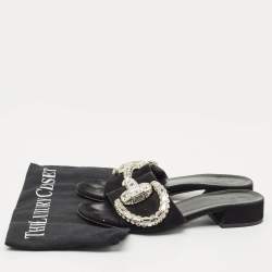 Pre Owned Gucci Black Suede Maxime Crystal Embellished Slide Sandals Size 35